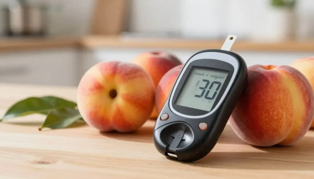 A close-up view of a glucose meter displaying a reading, with fresh nectarines elegantly arranged in a soft-focus background. The meter, illuminated by warm, natural light, is placed on a clean wooden table, emphasizing its significance in monitoring sugar levels. The nectarines, ripe and vibrant in color, showcase their smooth skin and subtle variations in hue, symbolizing natural sweetness. A soft, bokeh-effect backdrop suggests a kitchen environment, with hints of green leaves and a sunlit window for a serene ambiance. The entire image conveys a mood of health awareness and mindful eating, inviting the viewer to reflect on the importance of managing sugar levels. The composition should be well-balanced, drawing the eye to the glucose meter while subtly celebrating the nectarines.