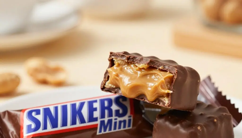 A close-up view of creamy, rich, and luscious peanut butter filling surrounded by a chocolate coating, emphasizing the texture and sheen of the fat content. The foreground features the Snickers Mini, partially unwrapped to reveal its cross-section, showcasing the soft nougat and caramel layers. In the middle, a few scattered whole peanuts hint at the snack’s nutty flavor, while the background is softly blurred with a warm, inviting kitchen setting bathed in natural light, capturing a cozy atmosphere. The overall mood is indulgent yet informative, reflecting the deliciousness of Snickers Minis. The image is shot at a slight angle with a shallow depth of field to focus on the snack, creating an appealing visual for readers. A close-up view of creamy, rich, and luscious peanut butter filling surrounded by a chocolate coating, emphasizing the texture and sheen of the fat content. The foreground features the Snickers Mini, partially unwrapped to reveal its cross-section, showcasing the soft nougat and caramel layers. In the middle, a few scattered whole peanuts hint at the snack’s nutty flavor, while the background is softly blurred with a warm, inviting kitchen setting bathed in natural light, capturing a cozy atmosphere. The overall mood is indulgent yet informative, reflecting the deliciousness of Snickers Minis. The image is shot at a slight angle with a shallow depth of field to focus on the snack, creating an appealing visual for readers.