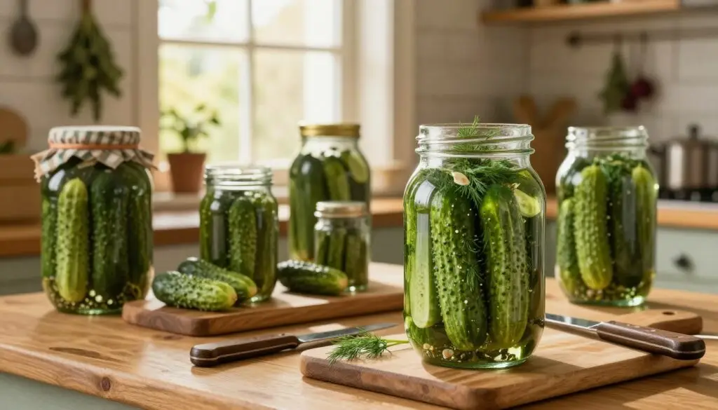 A cozy kitchen scene featuring a wooden table adorned with freshly prepared jars of pickled cucumbers, beautifully arranged in various sizes. In the foreground, a large glass jar filled with vibrant green, sliced cucumbers, sprinkled with fresh dill and garlic, hints at the delicious contents inside. Surrounding the jars are rustic kitchen tools, such as a cutting board and a vintage knife. In the middle background, glowing sunlight filters through a window, casting soft, warm light that enhances the inviting atmosphere of the room. The walls are lined with hanging herbs and spices, adding a homey touch. The scene evokes a sense of nostalgia and warmth, perfect for conveying the charm of traditional food preservation techniques.