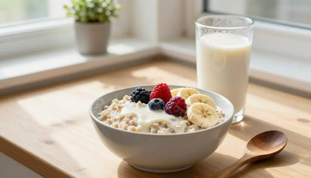 A cozy kitchen setting illuminated by soft natural light streaming through a window, featuring a bright wooden table. In the foreground, a bowl of hearty oatmeal topped with fresh fruits like berries and sliced bananas, drizzled with creamy oat milk, showcasing its smooth texture. Next to the bowl, a glass of oat milk, shimmering with condensation, hints at its refreshing nature. Background elements include a small plant on the windowsill and a rustic wooden spoon resting beside the bowl. The atmosphere evokes a sense of warmth and wellness, encouraging a healthy and fulfilling breakfast experience. The composition should focus on the food and drinks, capturing the essence of a nourishing meal without distractions.