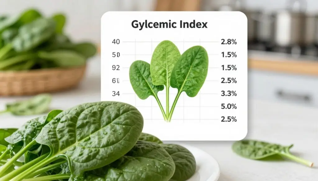 A fresh, vibrant spinach leaf prominently displayed in the foreground, showcasing its rich green color and intricate texture. In the middle, a scientific illustration style chart depicting the glycemic index values of spinach, clearly labeled but without any text overlays. The background features a soft-focus kitchen setting with natural light streaming in, highlighting fresh vegetables and ingredients to create a healthy atmosphere. The image is captured from a top-down angle, providing a clear view of the spinach and the informative chart. The overall mood is fresh and educational, promoting a sense of health and wellness.