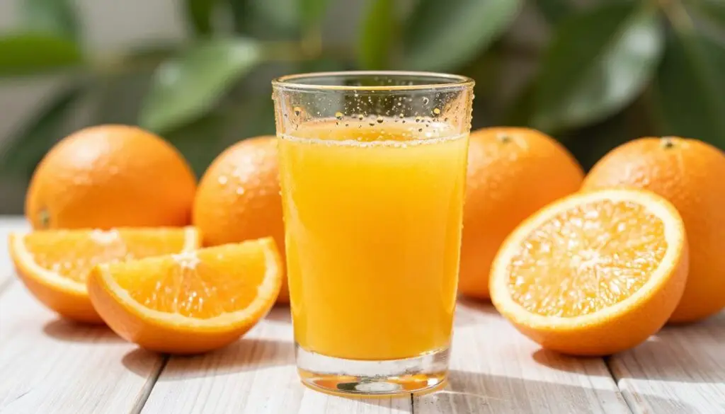 A glass of freshly squeezed orange juice sits prominently in the foreground, glistening with condensation against a vibrant backdrop. The juice is a vivid, rich orange hue, showcasing the natural freshness and vitality of the oranges used. A few whole oranges and slices are arranged aesthetically in the middle ground, highlighting their juicy texture. In the background, soft, blurred greenery suggests an outdoor setting, evoking a sense of health and nature. The lighting is bright and natural, casting gentle shadows and emphasizing the freshness of the scene. The overall mood is refreshing and invigorating, ideal for illustrating the nutritional benefits of Vitamin C in orange juice. The image is crisp and clear, using a shallow depth of field to keep the focus on the juice and oranges.