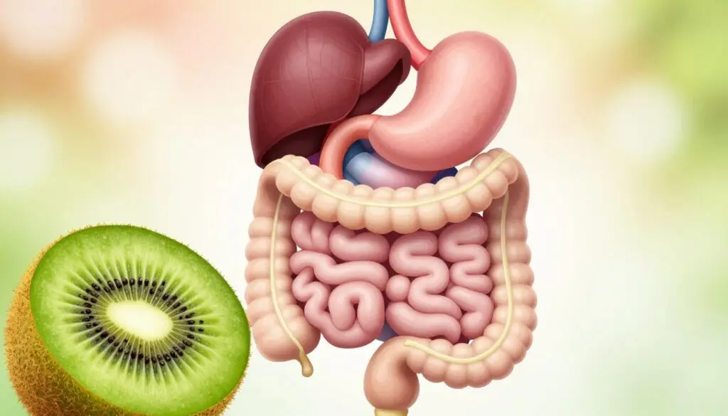 A highly detailed anatomical illustration of the human digestive system, prominently featuring the esophagus, stomach, small intestine, and large intestine. The foreground showcases a vibrant kiwi fruit sliced in half, with its green flesh and black seeds vividly visible, symbolizing its health benefits. In the middle ground, the digestive organs are accurately labeled, depicted in shades of light pink and beige for realism. The background features a soft, blurred gradient that suggests a calming, organic atmosphere, evoking a sense of health and wellness. The lighting should be bright and even, highlighting the textures of both the kiwi and the anatomical structures, captured from a slightly elevated angle to provide a comprehensive view. The mood is educational and inviting, perfect for fostering an appreciation of the connection between diet and digestive health.
