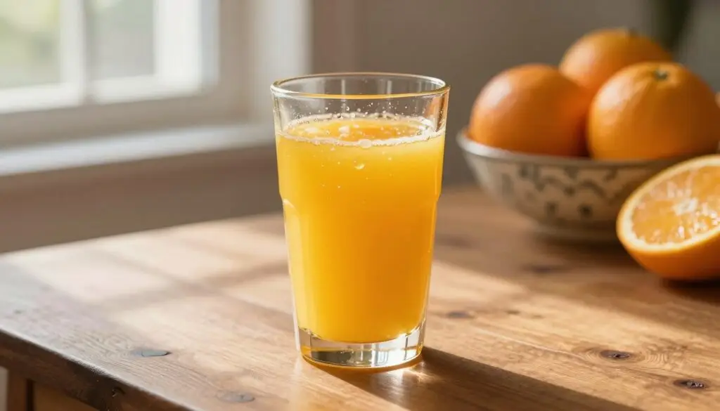 A refreshing glass of orange juice sits elegantly on a polished wooden table, with the sunlight streaming through a nearby window, casting a warm glow on the liquid's vibrant hue. The glass is half full, showcasing the rich, pulpy texture of freshly squeezed oranges, highlighted by tiny droplets of condensation on the surface. In the background, soft-focus citrus fruits are displayed in a decorative bowl, hinting at the juice's fresh origins. The scene conveys a sense of vitality and health, inviting the viewer to appreciate the drink's caloric value while considering its role in a balanced diet. The atmosphere is bright and inviting, embodying a cheerful morning setting, perfect for discussing nutritional aspects.
