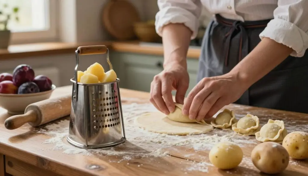 A rustic kitchen scene featuring a traditional potato dough being prepared for "knedle ze śliwkami". In the foreground, a wooden tabletop is strewn with flour, and a polished metal praska (potato ricer) is positioned prominently, filled with freshly cooked potatoes. A rolling pin and a bowl of plums can be seen nearby, hinting at the delicious filling. In the middle ground, a pair of hands, delicately clad in modest kitchen attire, are skillfully shaping the dough into small dumplings. The background reveals an inviting kitchen ambiance, with warm lighting streaming through a window, casting gentle shadows. The overall mood is warm and nostalgic, celebrating the art of traditional cooking with a focus on the dough preparation process.