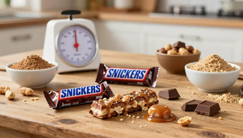 A vibrant and detailed arrangement of Snickers Mini bars and their ingredients is showcased on a rustic wooden table. In the foreground, a few Mini bars are unwrapped, revealing their luscious layers of nougat, caramel, and peanuts, glistening under soft, warm lighting. Surrounding the Snickers bars, various ingredients like crushed peanuts, caramel drizzle, chocolate chunks, and protein powder are creatively displayed in small, elegant bowls. The middle ground features a measuring scale indicating nutritional values, while the background is softly blurred, suggesting a cozy kitchen environment. The atmosphere is inviting and warm, evoking a sense of indulgence and health-conscious enjoyment. The image is captured from a slightly elevated angle, giving a comprehensive view without any textual elements.