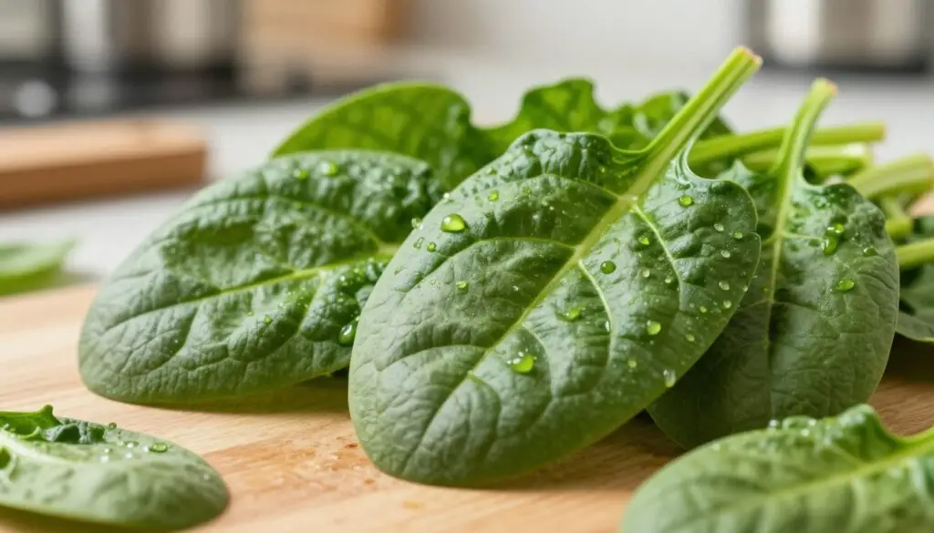 A vibrant close-up of fresh spinach leaves, showcasing their rich green color and unique textures. In the foreground, several leaves are dewy, reflecting natural light, adding a sense of freshness and vitality. In the middle ground, a few nutrient-packed spinach leaves gently overlap, accentuating their crinkled surfaces. The background features a soft-focus kitchen setting, hinting at a healthy lifestyle, with cooking utensils and a wooden cutting board subtly visible. The scene is illuminated with warm, natural light, creating an inviting and wholesome atmosphere. This image aims to convey the health benefits of spinach, particularly the vitamins it contains that support well-being, making it a perfect representation for the article section.