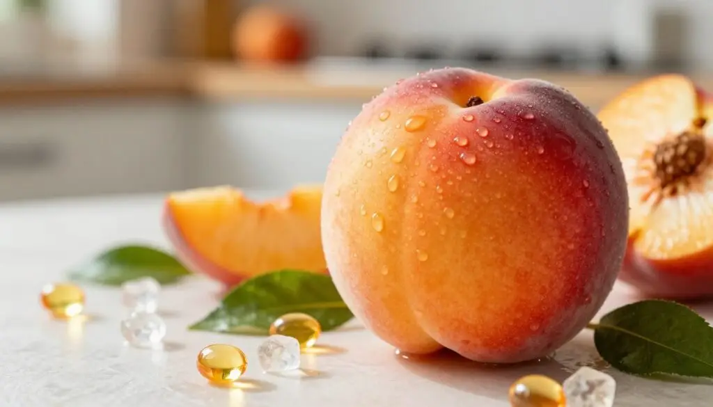 A vibrant still life of a nectarine, showcasing its juicy surface with droplets of water glistening under soft natural light. The nectarine is placed prominently in the foreground, highlighting its rich orange and red hues with a subtle gradient. Surrounding the fruit, scattered vitamins and minerals like vitamin C in crystalline form and small leafy greens to represent health benefits, create a colorful mosaic. In the background, a blurred, sunlit kitchen setting adds warmth and a cozy atmosphere. The lighting is bright but gentle, reflecting a sense of freshness and vitality, with a shallow depth of field focusing on the in-focus nectarine and its supporting elements. This composition conveys a sense of health and nourishment.