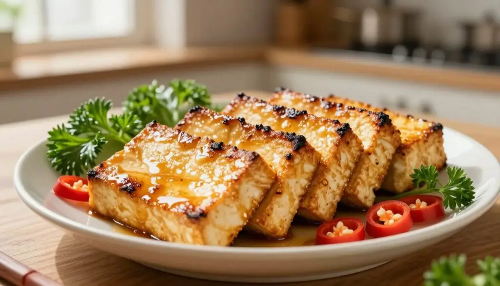 A beautifully arranged plate of smoked tofu, showcasing its distinct golden-brown, slightly charred exterior with a glossy glaze. The tofu is sliced into thick, appealing pieces, revealing a rich, smoky texture. Surrounding the tofu are fresh, vibrant garnishes like green herbs and thinly sliced red chili, adding a pop of color. In the background, a softly blurred kitchen setting gives a warm atmosphere, illuminated by natural light filtering through a window, creating inviting shadows. The focus is sharp on the tofu, with a slight depth of field effect to emphasize its mouthwatering appeal. The overall mood conveys healthiness and indulgence, perfect for a culinary exploration of nutritious foods.
