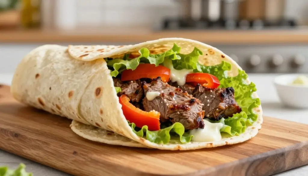 A close-up of a delicious kebab wrapped in a warm tortilla, showcasing vibrant layers of fresh ingredients. The kebab features juicy, marinated meat, colorful bell peppers, crisp lettuce, and creamy sauce spilling out slightly from the tortilla. The foreground highlights the texture of the tortilla and the succulent filling, capturing the mouthwatering freshness. In the middle ground, a wooden cutting board adds rustic charm, while in the background, a soft-focused kitchen setting with warm, inviting light creates a cozy atmosphere. The scene conveys a sense of comfort and indulgence, invoking the idea of nutritious and satisfying meals. The image is well-lit to enhance colors, shot at a slight angle to emphasize the kebab's layers. No text or watermarks are present.