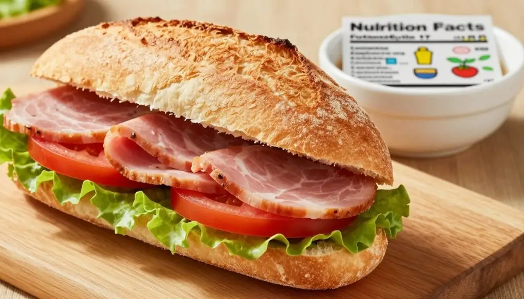 A close-up of a nutritious sandwich featuring a freshly baked Kaiser roll filled with slices of high-quality ham, garnished with crisp lettuce and ripe tomato. The roll should be golden-brown with a textured surface, showcasing its crusty exterior. In the background, a wooden cutting board holds a small bowl of nutrition facts illustrated through colorful icons representing calories, proteins, fats, and carbohydrates, arranged neatly. The lighting is warm and inviting, enhancing the natural colors of the ingredients, while achieving a bright, appetizing appearance. The image captures a sense of health and deliciousness, inviting viewers to appreciate the nutritional values of the sandwich without any text or distractions. A close-up of a nutritious sandwich featuring a freshly baked Kaiser roll filled with slices of high-quality ham, garnished with crisp lettuce and ripe tomato. The roll should be golden-brown with a textured surface, showcasing its crusty exterior. In the background, a wooden cutting board holds a small bowl of nutrition facts illustrated through colorful icons representing calories, proteins, fats, and carbohydrates, arranged neatly. The lighting is warm and inviting, enhancing the natural colors of the ingredients, while achieving a bright, appetizing appearance. The image captures a sense of health and deliciousness, inviting viewers to appreciate the nutritional values of the sandwich without any text or distractions.