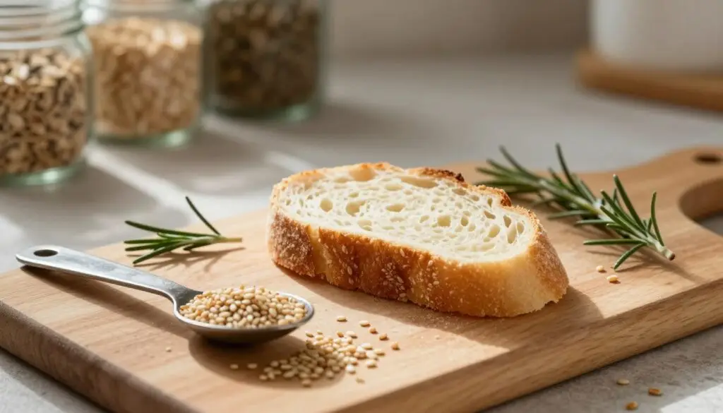 A close-up shot of a small slice of bread on a wooden cutting board, with various grains scattered around it, emphasizing the different types of flour used. The foreground features a measuring spoon filled with sesame seeds and a sprig of rosemary for freshness. In the middle, the bread slice showcases a golden crust, highlighting its texture with warm, inviting lighting. The background is softly blurred, revealing a rustic kitchen counter with jars of ingredients such as oats and seeds, adding depth to the composition. The overall mood is warm and inviting, reflecting the wholesome nature of bread. The lighting is natural and soft, mimicking sunlight filtering through a window, casting gentle shadows. A close-up shot of a small slice of bread on a wooden cutting board, with various grains scattered around it, emphasizing the different types of flour used. The foreground features a measuring spoon filled with sesame seeds and a sprig of rosemary for freshness. In the middle, the bread slice showcases a golden crust, highlighting its texture with warm, inviting lighting. The background is softly blurred, revealing a rustic kitchen counter with jars of ingredients such as oats and seeds, adding depth to the composition. The overall mood is warm and inviting, reflecting the wholesome nature of bread. The lighting is natural and soft, mimicking sunlight filtering through a window, casting gentle shadows.