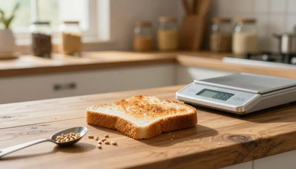 A close-up view of a small, perfectly toasted slice of bread resting on a rustic wooden countertop, with a kitchen scale beside it displaying the calorie count. In the foreground, the bread is artfully arranged with a few scattered grains and a measuring spoon. The middle ground features a warm, inviting kitchen atmosphere with soft, natural light streaming in through a window, casting gentle shadows. In the background, shelves filled with jars of grains and seeds add a cozy, homey touch. The mood conveys a sense of domestic comfort and the simple act of meal preparation. Capture this scene from a slightly elevated angle to emphasize the textures of the bread and the warmth of the kitchen environment. A close-up view of a small, perfectly toasted slice of bread resting on a rustic wooden countertop, with a kitchen scale beside it displaying the calorie count. In the foreground, the bread is artfully arranged with a few scattered grains and a measuring spoon. The middle ground features a warm, inviting kitchen atmosphere with soft, natural light streaming in through a window, casting gentle shadows. In the background, shelves filled with jars of grains and seeds add a cozy, homey touch. The mood conveys a sense of domestic comfort and the simple act of meal preparation. Capture this scene from a slightly elevated angle to emphasize the textures of the bread and the warmth of the kitchen environment.