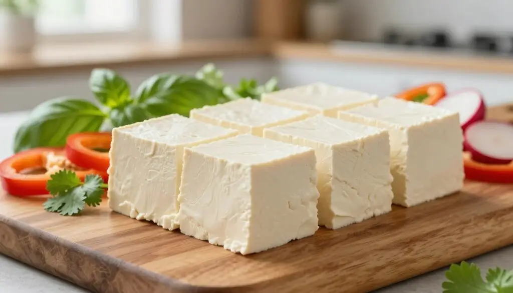 A close-up view of natural tofu, expertly arranged on a rustic wooden cutting board. The tofu is cut into neat cubes, showcasing its creamy texture and light color. Surrounding the tofu are fresh ingredients like vibrant green herbs, such as basil and cilantro, along with sliced colorful vegetables like bell peppers and radishes, adding a touch of color to the composition. The background features a softly blurred kitchen setting, with natural light streaming in from a nearby window, creating a warm and inviting atmosphere. The overall mood is fresh and healthy, ideal for illustrating nutritional content. The angle is slightly above the tofu, providing a clear view of its surface, while the lighting highlights the tofu’s smooth texture.