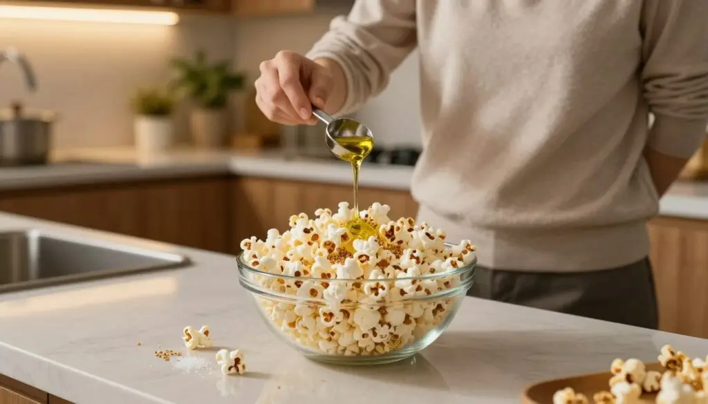 A cozy kitchen scene, featuring a modern kitchen counter with a large bowl of freshly popped popcorn, emphasizing a healthy preparation. In the foreground, display the popcorn with visible toppings like light salt and nutritional yeast for a healthier twist. In the middle, show a person—dressed in comfortable yet modest casual clothing—pouring a small amount of olive oil into a measuring spoon, ready to drizzle over the bowl. In the background, capture a softly lit kitchen ambiance with wooden cabinets and plants, evoking a warm and inviting atmosphere. Use warm lighting to enhance the homely feel, shot from a slightly elevated angle to focus on the action of preparation while ensuring the scene is clean and clutter-free.