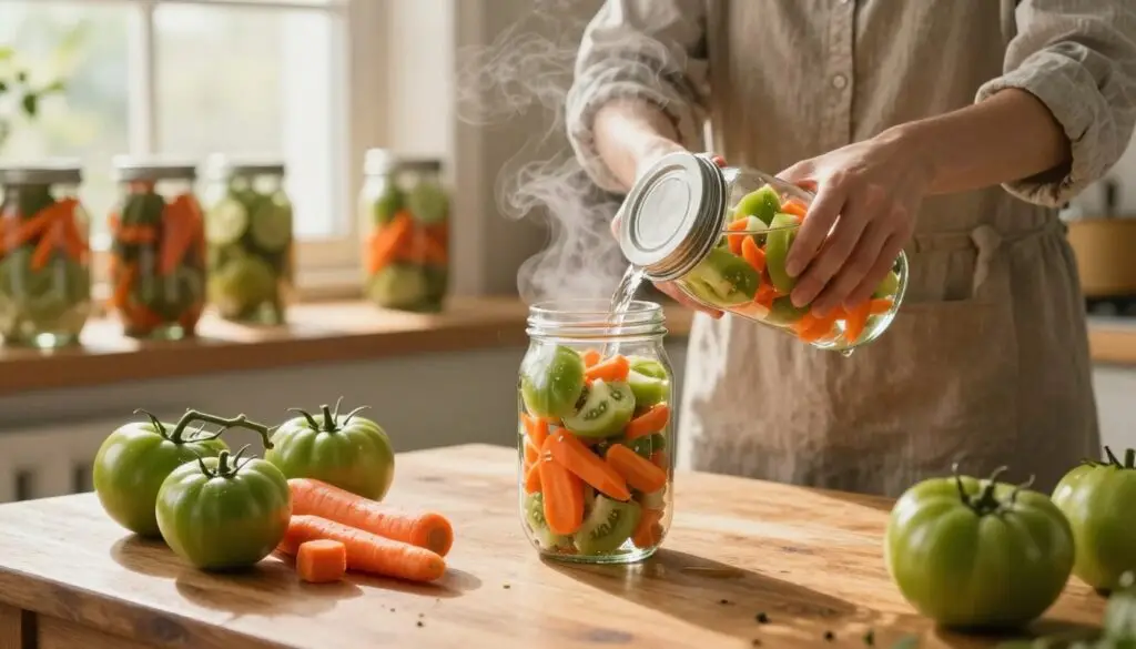 A cozy kitchen scene featuring the process of canning green tomato and carrot salad for winter storage. In the foreground, a wooden table is adorned with freshly chopped green tomatoes and vibrant orange carrots, placed next to glass jars filled with colorful salad. The middle layer shows a person in modest casual clothing, carefully pouring boiling water into jars, with steam visible in the air. In the background, shelves hold various jars of preserved foods, and a window lets in warm, natural light that creates a soft glow, enhancing the inviting atmosphere. The composition captures the essence of seasonal preservation, evoking a sense of tradition and homeliness, with a focus on the details of the canning process.