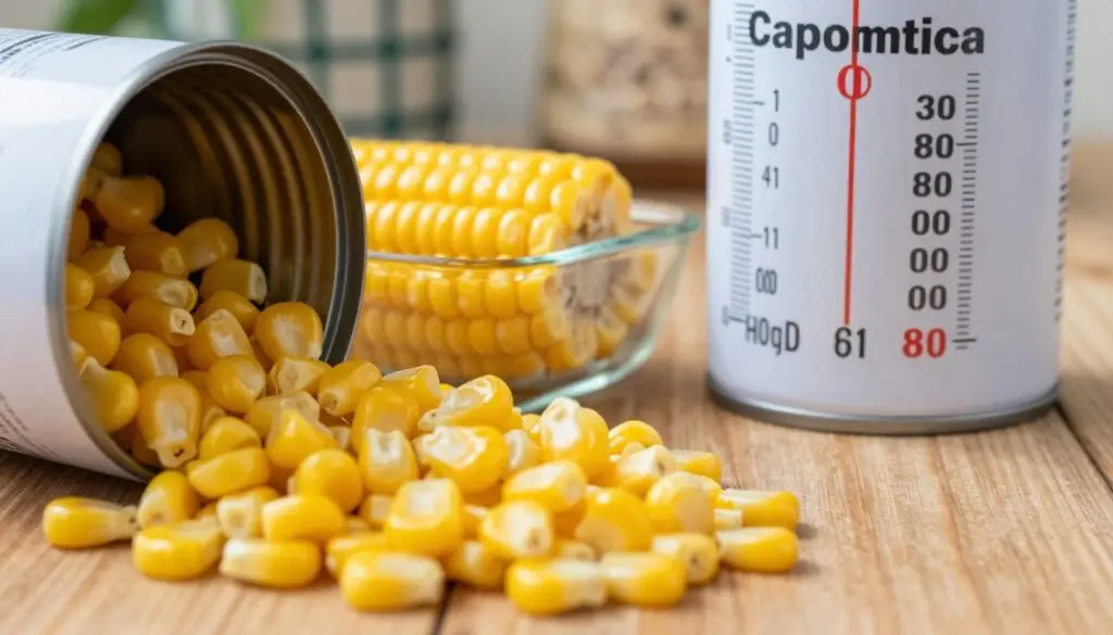 A detailed nutritional breakdown of canned corn, featuring a close-up view of a corn can with its contents partially poured out onto a wooden table. The foreground showcases vibrant, glossy yellow kernels of corn, glistening under soft, natural light, highlighting their texture. In the middle ground, a clear glass dish displays the corn alongside a precise measuring scale and measuring cup, emphasizing the process of calculating calories. The background features a rustic kitchen setting with subtle decor, creating a warm, inviting atmosphere. The image captures a sense of focus and clarity, making it ideal for illustrating the process of calculating calorie content step by step. The lighting is warm, giving the scene a wholesome feel. A detailed nutritional breakdown of canned corn, featuring a close-up view of a corn can with its contents partially poured out onto a wooden table. The foreground showcases vibrant, glossy yellow kernels of corn, glistening under soft, natural light, highlighting their texture. In the middle ground, a clear glass dish displays the corn alongside a precise measuring scale and measuring cup, emphasizing the process of calculating calories. The background features a rustic kitchen setting with subtle decor, creating a warm, inviting atmosphere. The image captures a sense of focus and clarity, making it ideal for illustrating the process of calculating calorie content step by step. The lighting is warm, giving the scene a wholesome feel.
