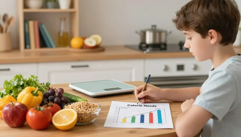 A detailed visual representation of calorie needs for a 12-year-old, featuring a calm and inviting kitchen setting. In the foreground, display a healthy balance of fresh fruits, vegetables, grains, and a calorie chart with daily recommendations. The middle ground shows a wooden table with a digital scale and measuring cups, emphasizing precision in calculating caloric intake. In the background, softly lit shelves stocked with cookbooks about nutrition and healthy recipes enhance the educational theme. The lighting is warm and natural, creating a friendly and engaging atmosphere. The overall mood is informative and supportive, perfect for demonstrating the step-by-step process of calculating daily caloric needs safely for school-aged children.
