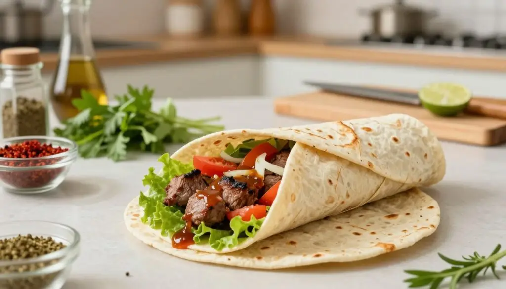 A mouthwatering kebab wrapped in a warm tortilla, positioned prominently in the foreground. The kebab features juicy grilled meat, vibrant vegetables like fresh lettuce, tomatoes, and onions, drizzled with a tangy sauce. In the middle ground, a well-organized kitchen counter displays ingredients such as spices, fresh herbs, and a cutting board, suggesting a step-by-step preparation process. The background includes a softly blurred kitchen setting, with warm lighting that creates a cozy, inviting atmosphere, enhancing the delicious look of the dish. Capture the scene from a slightly elevated angle to showcase the layers of the kebab and ingredients, focusing on freshness and health, inviting the viewer to engage with the cooking process.