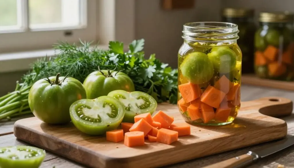 A rustic kitchen scene showcasing the preparation of a vibrant green tomato and carrot salad for winter preservation. In the foreground, a wooden cutting board is adorned with slices of fresh green tomatoes and finely chopped orange carrots, creating a colorful contrast. A glass jar filled with the layered ingredients sits to the side, glistening with a light sheen of olive oil. The middle ground features fresh herbs like dill and parsley, enhancing the natural colors. Soft, warm lighting filters through a nearby window, casting gentle shadows across the scene. The background hints at shelves stocked with jars of previous preserves, evoking a homey, inviting atmosphere. The overall mood is one of warmth and nostalgia, perfect for traditional winter cooking.