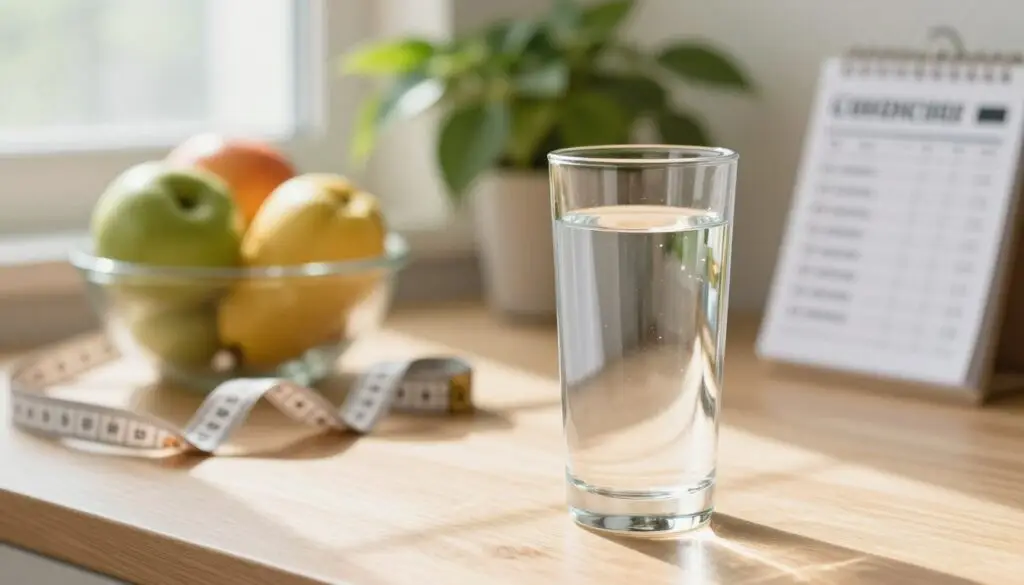 A serene kitchen scene featuring a tall glass of clear water on a wooden table, reflecting natural light filtering through a window. In the background, a fresh fruit bowl and a leafy green plant create a healthy atmosphere. A measuring tape and a calorie-counting guide are subtly placed nearby, symbolizing weight loss and healthy choices. The foreground focuses on the glass of water, emphasizing its clarity and purity, while soft sunlight casts gentle shadows. The mood is uplifting and motivating, reinforcing the connection between hydration and weight management. The entire image should evoke a sense of wellness and balance without any people present, maintaining a clean and professional aesthetic.