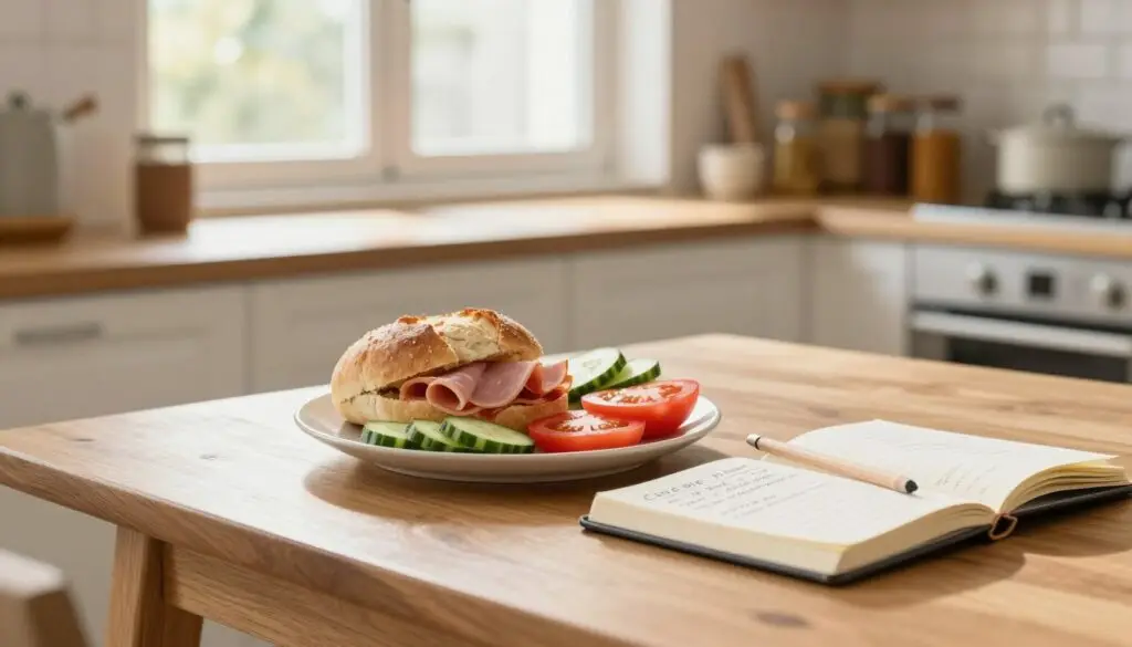 A stylish, wooden kitchen table in the foreground, adorned with a neatly arranged plate featuring a fresh, lightly garnished kajzerka bread roll with slices of ham, surrounded by vibrant slices of cucumber and tomato. Next to the plate, a sleek, open calorie journal with handwritten notes and a pencil resting on top, diligently documenting the meal's calories. In the middle ground, a sunny kitchen window allows warm, natural light to flood the scene, creating a cozy, inviting atmosphere. In the background, soft kitchen shelves with spices and cookbooks, further enhancing the domestic setting. The overall mood is warm and health-conscious, emphasizing a simple, balanced meal preparation. Shallow depth of field focusing on the foreground for intimate detail. A stylish, wooden kitchen table in the foreground, adorned with a neatly arranged plate featuring a fresh, lightly garnished kajzerka bread roll with slices of ham, surrounded by vibrant slices of cucumber and tomato. Next to the plate, a sleek, open calorie journal with handwritten notes and a pencil resting on top, diligently documenting the meal's calories. In the middle ground, a sunny kitchen window allows warm, natural light to flood the scene, creating a cozy, inviting atmosphere. In the background, soft kitchen shelves with spices and cookbooks, further enhancing the domestic setting. The overall mood is warm and health-conscious, emphasizing a simple, balanced meal preparation. Shallow depth of field focusing on the foreground for intimate detail.