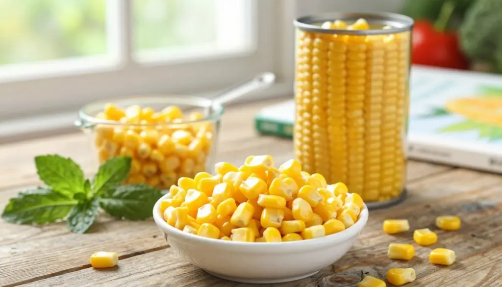 A vibrant and appetizing composition featuring canned corn arranged elegantly on a rustic wooden table. In the foreground, a small bowl of bright yellow corn kernels glistens with a light sheen, showcasing their freshness. The middle ground includes a measuring cup filled with the corn, alongside a green leafy garnish, emphasizing its healthy aspect. In the background, soft natural light filters through a nearby window, creating a warm and inviting atmosphere. Subtle hints of diet-related elements, such as a variety of colorful vegetables or a health-focused cookbook, can be seen blurred in the background, suggesting a healthy dietary context without overpowering the main subject. The overall mood is bright and optimistic, promoting the idea of canned corn as a nutritious component of a weight loss diet. A vibrant and appetizing composition featuring canned corn arranged elegantly on a rustic wooden table. In the foreground, a small bowl of bright yellow corn kernels glistens with a light sheen, showcasing their freshness. The middle ground includes a measuring cup filled with the corn, alongside a green leafy garnish, emphasizing its healthy aspect. In the background, soft natural light filters through a nearby window, creating a warm and inviting atmosphere. Subtle hints of diet-related elements, such as a variety of colorful vegetables or a health-focused cookbook, can be seen blurred in the background, suggesting a healthy dietary context without overpowering the main subject. The overall mood is bright and optimistic, promoting the idea of canned corn as a nutritious component of a weight loss diet.