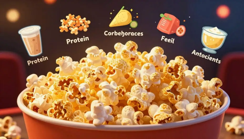 A vibrant and detailed illustration focusing on the nutritional values of popcorn, featuring a large bowl of fluffy popcorn in the foreground. The popcorn is arranged artfully, highlighting its golden color and texture. Surrounding the bowl are visually appealing infographics displaying key nutritional components: protein, carbohydrates, fats, fiber, and antioxidants, each represented by colorful icons or small, informative graphics. The middle ground includes soft lighting that enhances the warm tones of the popcorn, creating an inviting atmosphere. In the background, subtle hints of a cozy movie theater setting, with dim lighting and blurred cinematic elements, add context without overshadowing the main subject. The angle is slightly elevated, capturing the rich details of the popcorn and the infographics, creating an engaging and educational visual experience.