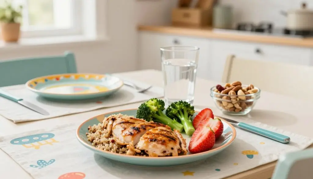 A vibrant and inviting dining table set for a nutritious meal designed specifically for a 12-year-old child. In the foreground, a colorful plate contains a balanced meal featuring grilled chicken, quinoa, steamed broccoli, and sliced strawberries, arranged artistically. In the middle, a cheerful glass of water and a small bowl of mixed nuts sit nearby. The background showcases a bright kitchen with soft, natural lighting coming through a nearby window, illuminating the scene. The table is decorated with playful, kid-friendly elements like cartoon-themed dishes and a cheerful tablecloth. The atmosphere is warm and friendly, promoting healthy eating habits for children. The camera angle is slightly elevated, showcasing the meal’s aesthetic while adding depth to the space.